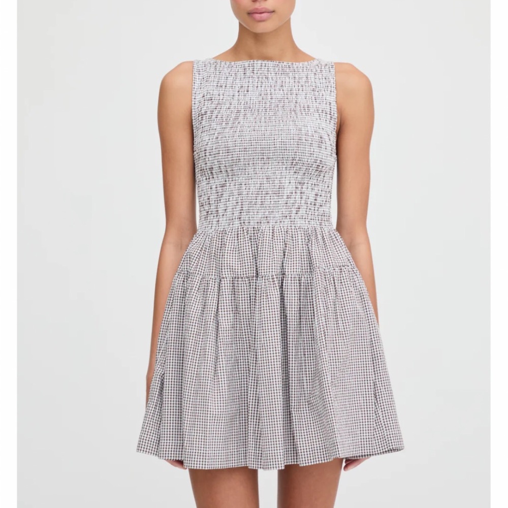 Hill House Brown and White Gingham Smocked Fit-and-Flare Mini Dress